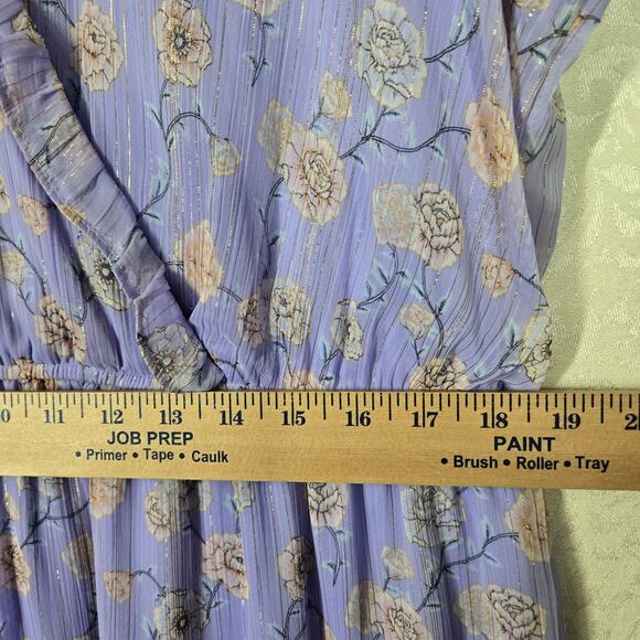 LC Lauren Conrad Flutter Sleeve Faux Wrap Bodice Dress 1X Purple Green Floral - Picture 14 of 16